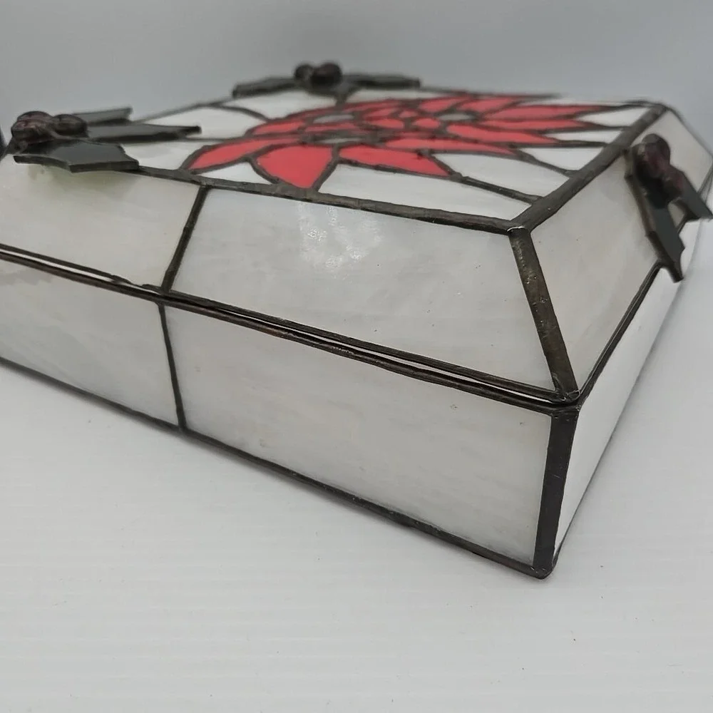 Leaded Stained Glass Hinged Jewelry Box With‎ Christmas Poinsettia